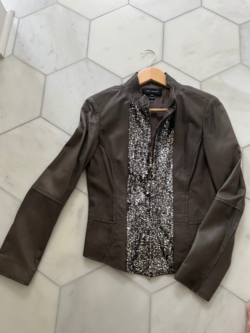 ST. JOHN Leather Jacket XSMALL Size 2 Slate Grey Sequins Embellished Silk Lined